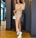 midi skirt outfit fall 2024 Hot Sale Autumn and Winter New Turtleneck Loose Pullover Top Split Sexy Long Skirt Two-Piece Set