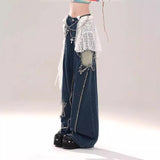  High Waist Ripped Star Patch Jeans Women's Summer Sweet Cool Hot Girl Slimming Straight Wide Leg Trousers