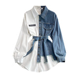 2024 fall fashion trends Denim Stitching Lapel Dress Spring and Autumn New Waist Slimming Irregular Mid-Length Shirt