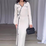 2000s fashion Autumn Fashion Contrast Color Polo Collar Sweater Long Sleeve Dress