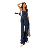 tomboy fits Summer and Autumn New American Retro High Waist Denim Suspender Pants Women's Wide Leg Loose Casual Straight Slimming Mop Pants