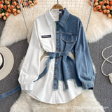 2024 fall fashion trends Denim Stitching Lapel Dress Spring and Autumn New Waist Slimming Irregular Mid-Length Shirt