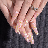 men’s fall fashion 2024 Wear Nail Long Marble Nail Patch Nail Patch Golden Streamline 3D Relief Nail Patch Finished Product