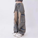 y2k Jeans Women's Autumn Dopamine Wear Retro Distressed Large Pocket Design Straight Trousers