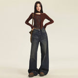  Retro Waste Soil Style Wide-Leg Jeans Women's Autumn New High Waist Loose Slimming Straight Lazy Draping Mop Pants