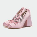 shoes Pink Cross Strap High Heels Chunky Heel Girl Ballet Style Shoes outside Wear French Elegant Satin Lolita Single Shoes