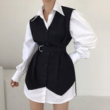 social worker outfits Chic Autumn Retro Western Style Lapel Contrast Color Stitching Fake Two-Piece Design Sense Long Sleeve Shirt Style Dress