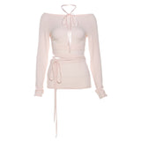 cute outfits fall Wind 2024 Spring Women's Fashion Sexy Long-Sleeved round Neck Waist Lace-up T-shirt