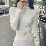 business casual outfits Korean Model Autumn and Winter Inner Wear Slim-Fit Belt Mid-Length over-the-Knee Knitted Bottoming Sheath Dress