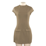 uniforms dress to impress Summer New Solid Color round Neck Slim Fit Stitching Short Sleeve Sexy High Waist Short Dress