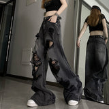 grunge outfits American High Street Ripped Jeans Women's Spring and Autumn Loose Slimming Versatile Wide Leg Trousers High Waist Washed Distressed Pants