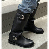 Autumn and Winter New Metal Buckle Long Pile Boots Suede round Toe Mid-Calf Boots Two-Way Boots for Women