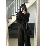 classy outfits men Yujie Style Texture Long-Sleeved Shirt Suit Women's Autumn High Waist Straight Wide-Leg Pants Elegant Black Lantern Sleeve Top