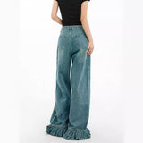 y2k outfits American Retro Jeans Women's Design Sense Niche Lace Loose Slimming Straight Mop Wide-Leg Pants 863dd