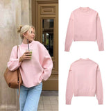 outfit ideas Wind Winter New Pure Color Sweet round Neck Pullover Sweater