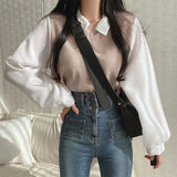 social worker outfits Fake Two-Piece Casual Long-Sleeved T-shirt for Women New Korean Style Loose Contrast Color Style