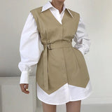 social worker outfits Chic Autumn Retro Western Style Lapel Contrast Color Stitching Fake Two-Piece Design Sense Long Sleeve Shirt Style Dress