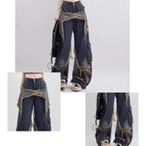 y2k outfits Niche Original Design Stitching Jeans Niche Design Retro Vintage Frayed Star Straight Pants