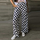 preppy Spring New Chessboard Plaid Printed Casual Pants for Women 2024 Personality Niche Loose High Waist Wide Leg Pants for Women