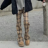 fall fashion Design Sense Niche Khaki Plaid Casual Trousers Women's Spring and Autumn American Retro High Waist Slimming Micro Flared Pants