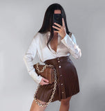 Fashionkova business casual outfits Women's Pleated Black Skirt Fashionable Slimming Button Leather Women's Skirt