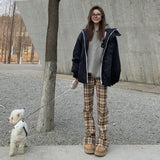 fall fashion Design Sense Niche Khaki Plaid Casual Trousers Women's Spring and Autumn American Retro High Waist Slimming Micro Flared Pants