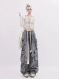 y2k outfits Street Fun Graffiti Multi-Pocket Workwear Jeans Women's Spring High Waist Loose Slimming Wide Leg Mopping Pants