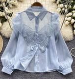 korean fashion Design Sense Niche Shirt Women's New Three-Dimensional Butterfly Embroidered Puff Sleeve Versatile Slimming Mesh Top Fashion