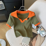 business casual women outfits chic Summer French-Style Elegant Polo Shirt Women's Contrast Color V-neck Short Sleeve Cool Silk Top Slim Fit Inner Sweater