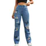 cute school outfits for middle school Butterfly Print Ripped Cut-out Fashion Denim Straight High Waist Contrast Color Denim Trousers for Women