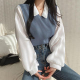 social worker outfits Fake Two-Piece Casual Long-Sleeved T-shirt for Women New Korean Style Loose Contrast Color Style