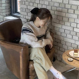 casual fall outfits  Homemade Korean round Neck Alpaca Wool Sweater Women's Autumn and Winter Niche Stitching Striped Retro Top