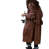 frat outfits Fried Street Long Leather Coat for Women Autumn and Winter Retro Air Lapel Loose Lace-up Texture PU Leather Trench Coat