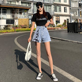 coachella valley music festival Denim Shorts Women's Summer High Waist Double Buckle Strap Flanging Versatile Trendy Korean Style Internet Celebrity Fashion Light Color New