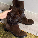 moto boots outfit  Desert Boots 2024 New Retro Lace-up Western Cowboy Boots Women's Brown Pile Boots Mid-Calf Knight Boots