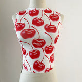 y2k outfits INS Fashion Spicy Girl Cherry Print Vest Careful Machine 2024 Summer Contrast Color round Neck Top Y2k