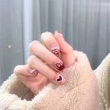 fall nails Wear Nail  Flame Leopard Print Short Red Love Pearl Sweet Hot Girl Fashion Nail Art Fake Nail Patch