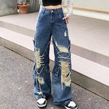 Fashionkova Ripped Lace Up Baggy Jeans