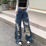 Fashionkova Ripped Lace Up Baggy Jeans