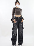 Fashionkova Women Vintage Black Gothic Cargo Jeans Y2k Wide Leg Denim Pants Oversize 2000s High Waist Jeans Korean Baggy Trousers 90s Jeans