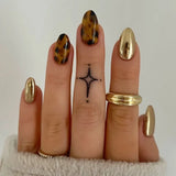 Fashionkova 24pcs Leopard Print Fake Nails with Glue Almond Acrylic Press on False Nails Gold Lines French Nail Tips Sweet Cool Autumn Nails