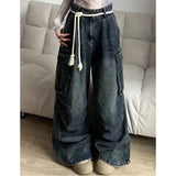 Fashionkova Blue Jeans Women Multiple Pockets Y2K Vintage High Waisted Jean Straight Trouser Streetwear Casual Loose Wide Leg Denim Pants