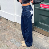 Fashionkova Combhasaki Women's Y2K Vintage Jeans Aesthetic Star Pattern Print Loose Straight Leg Denim Long Pants Casual Low Waist Trousers
