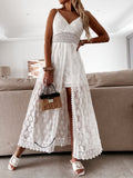 Fashionkova Solid Color Lace Hollow-Out Maxi Dress Spaghetti Strap Sleeveless V Neck White Dresses High Waist Holiday Casual Women Clothing