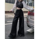 Fashionkova Vintage Black High Waist Women Jeans American Fashion Streetwear Wide Leg Jean Female Denim Trouser Straight Stripe Denim Pants