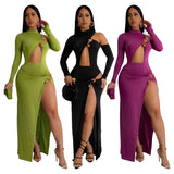 Fashionkova Christmas gift Christmas outfit 2024 Autumn Solid Hollow Out Slim Dress Set Women Turtleneck Long Sleeve Bodysuits High Split Long Skirt Club Party Streetwear