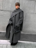 Fashionkova Women Fashion Scarf Collar Wool Blend Coat 2024 Autumn Winter New Single Breasted Overcoat Female Oversize Chic Street Outerwear