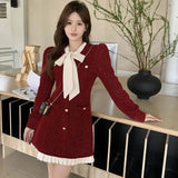 Fashionkova Christmas outfit Vintage Red Tweed Mini Dress Women Elegant Bow Bandage Black Dresses Winter Korean Patchwork Long Sleeve Bodycon A Line Vestidos