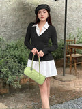 Fashionkova Sweet Lapel Retract Waist Knit Mini Dress Women Chic Long Sleeve Pleats Hem Splicing A-line Dresses Lady New Fashion Short Robes