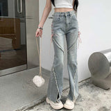 Fashionkova Christmas Gift Outfit  Jeans Women Harajuku Pink Bandage High Waist Denim Pants Casual Streetwear Y2K Vintage Korean Female Irregular Spliced Trousers